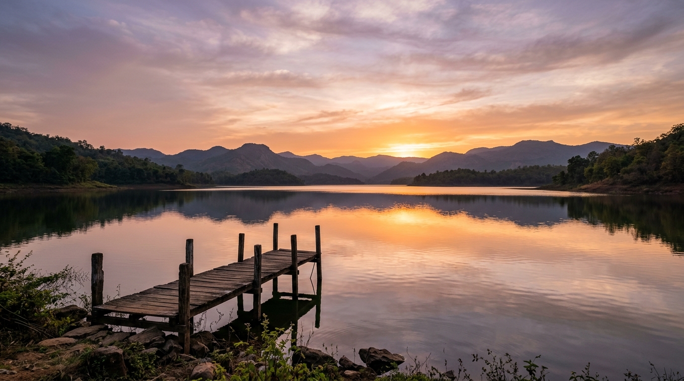 Peaceful sunset over calm waters of Sarodha Dam Kawardha