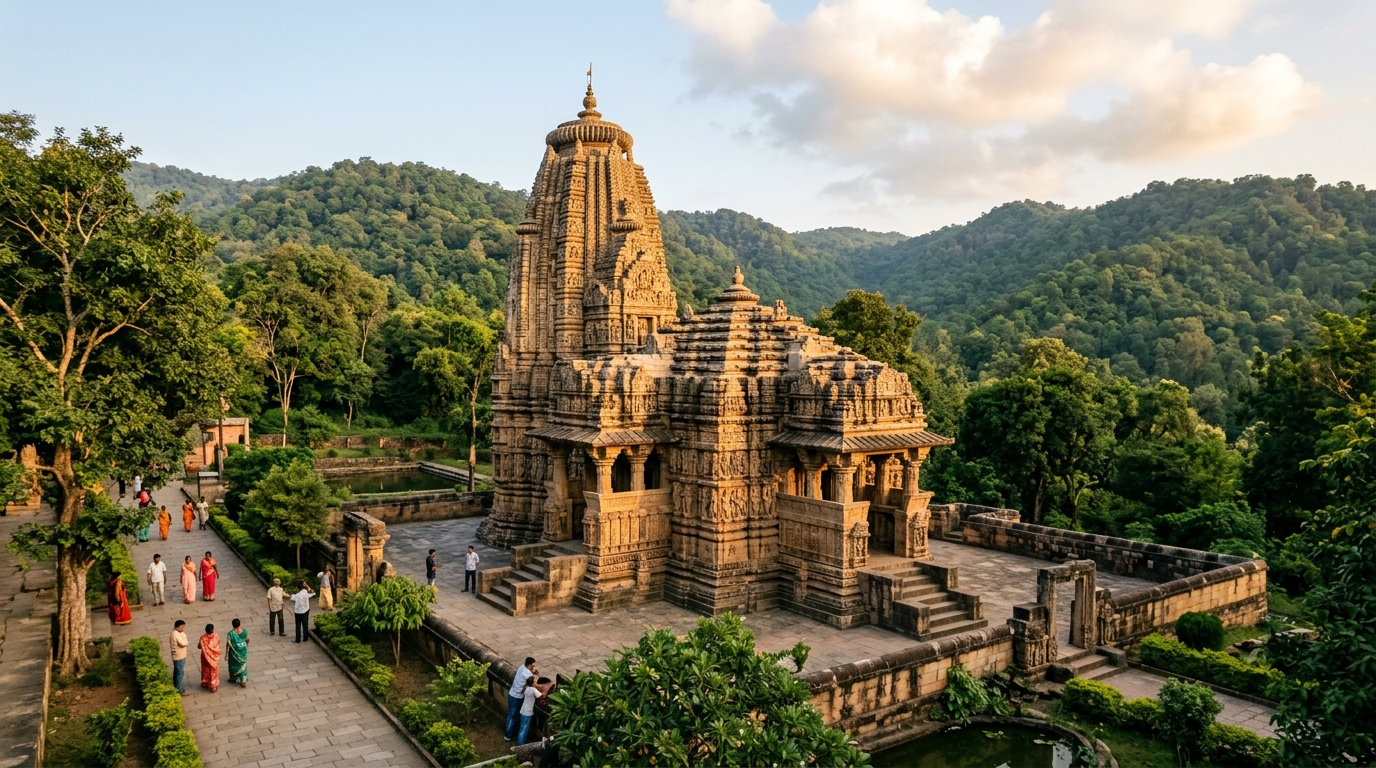 Historic Nagara-style stone carved tower of Bhoramdeo Temple against lush green Maikal hills