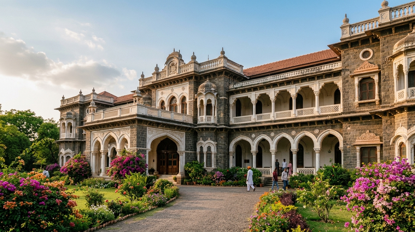 Stately facade of Kawardha Palace with Italian marble colonnades and blooming floral gardens